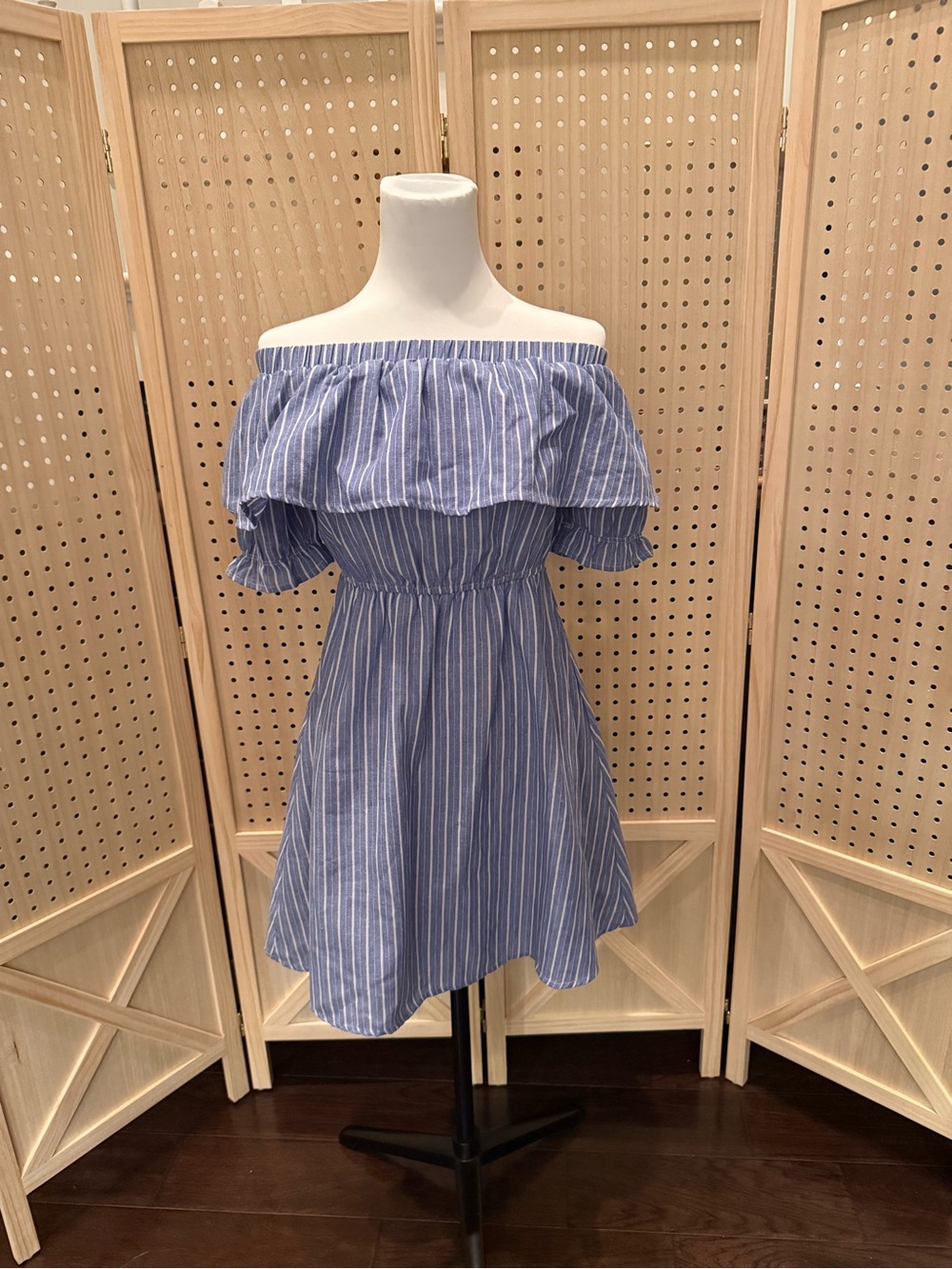 She +Sky Off-Shoulder Blue Striped Summer Dress